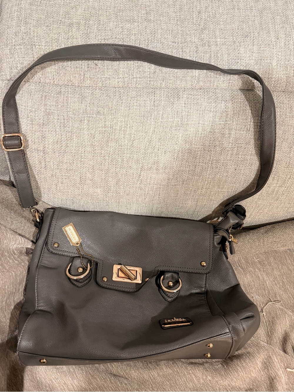 Gray Leather Shoulder Bag with Gold Hardware
